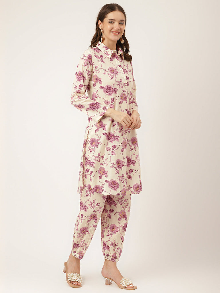 Women's Purple Floral Print Cotton Co-ord Set