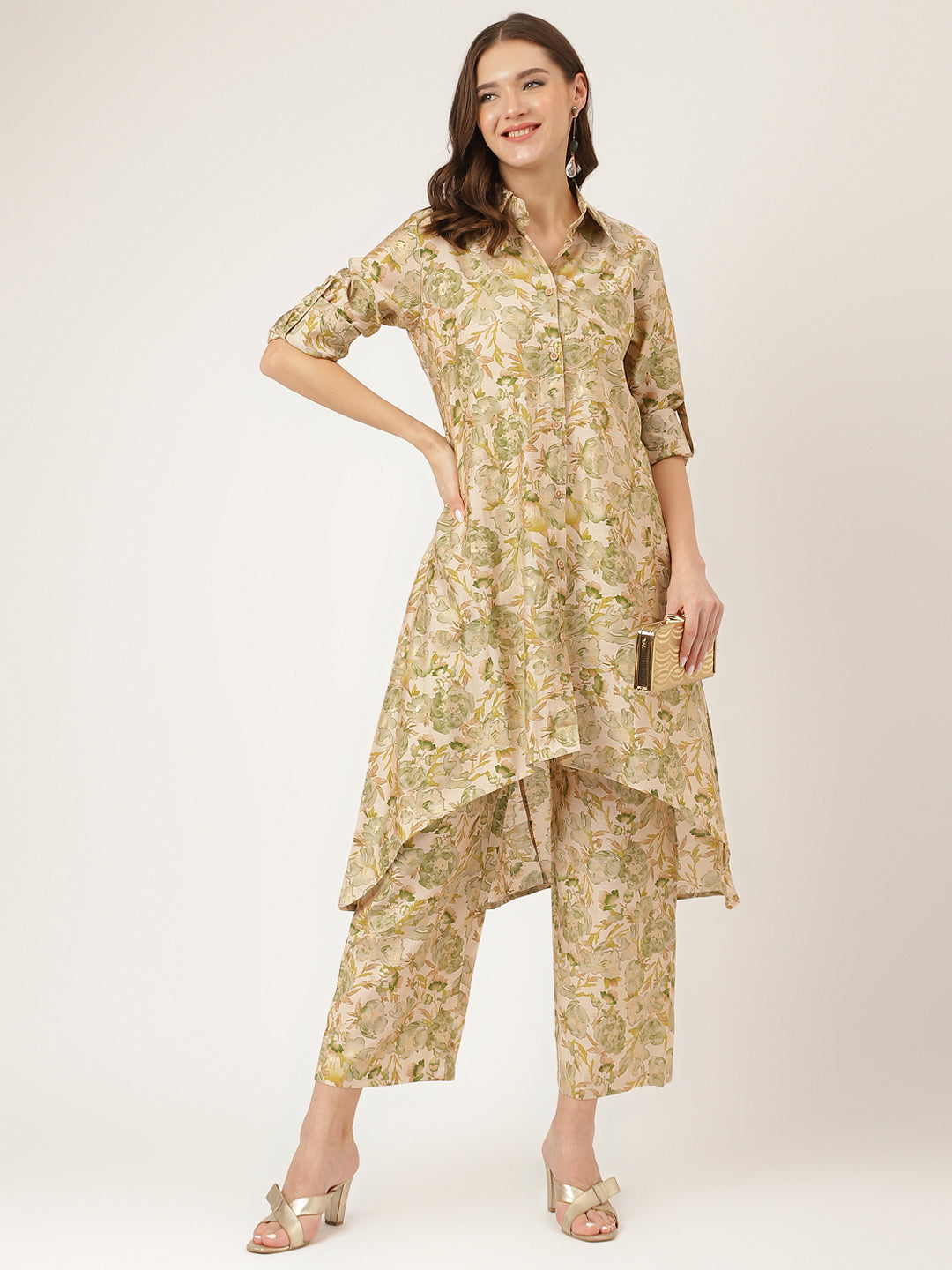 Women's Green Foil Printed Chanderi Co-ord Set - Taantav