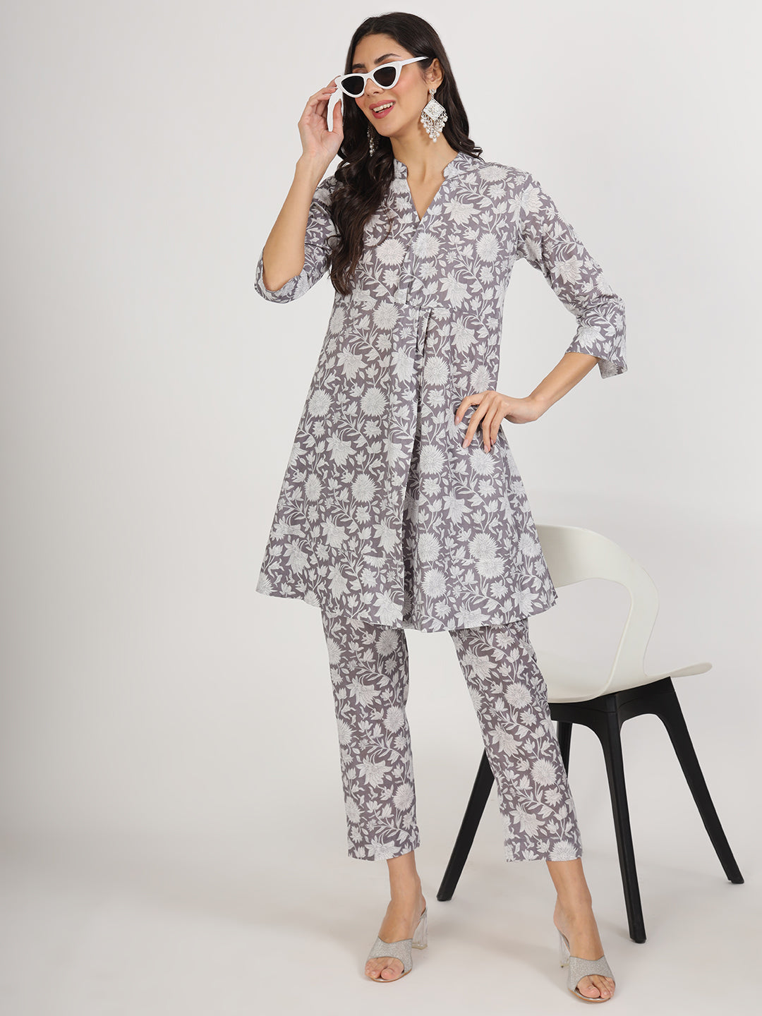 Women's Grey Floral Printed Cotton Co ord Set - Taantav