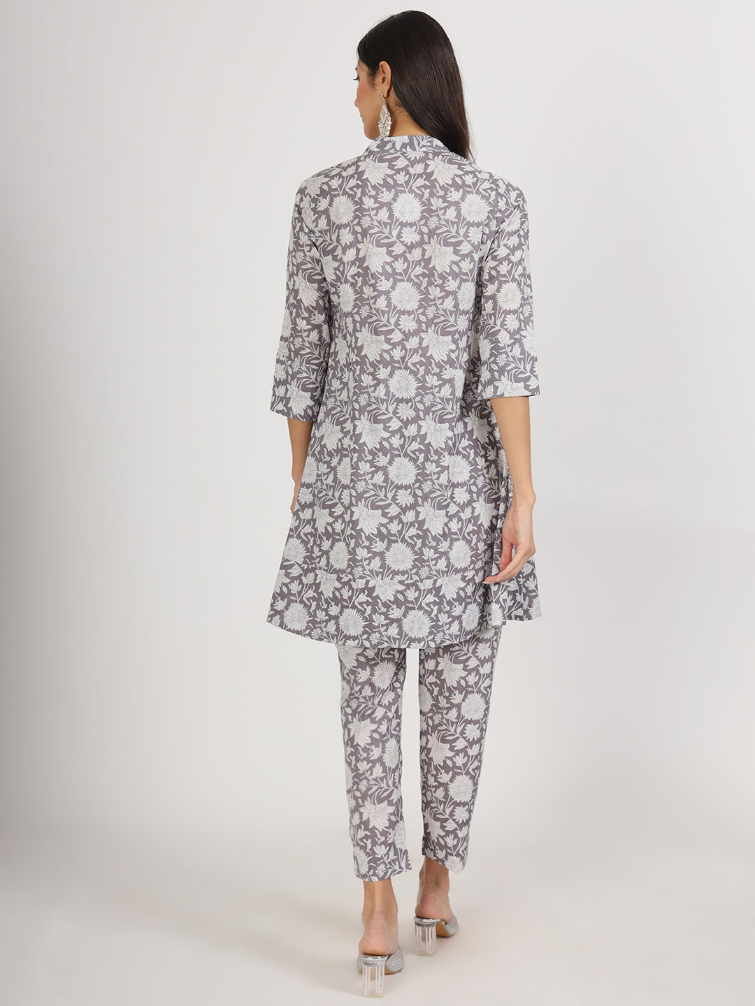 Women's Grey Floral Printed Cotton Co ord Set - Taantav