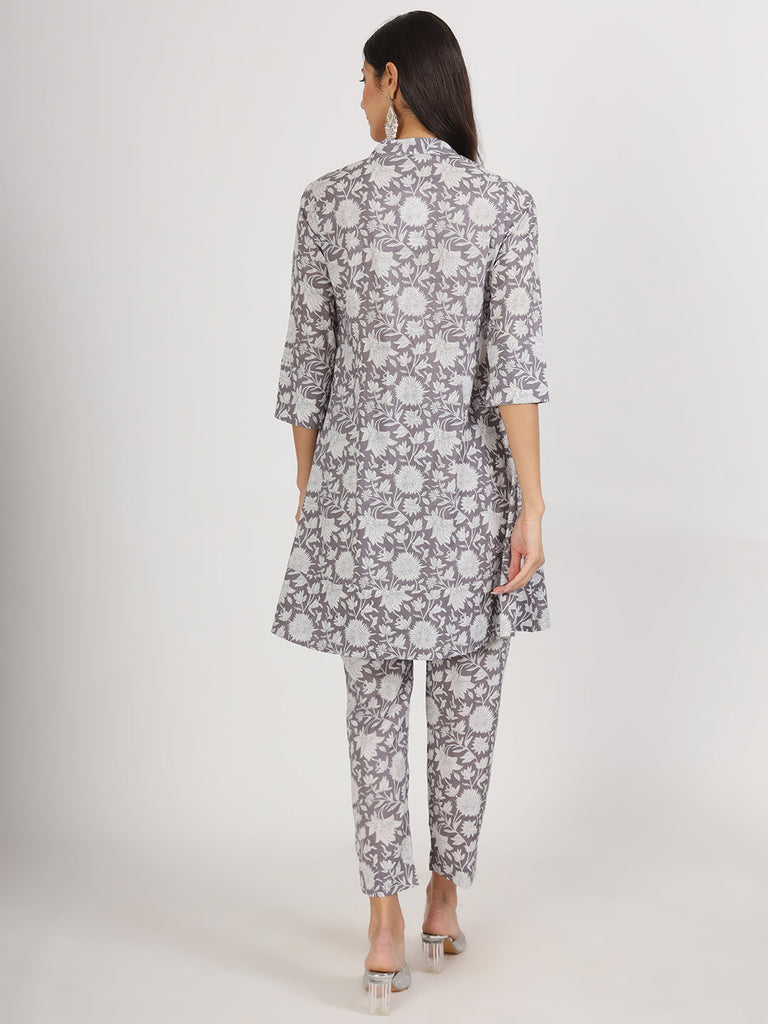 Women's Grey Floral Printed Cotton Co ord Set