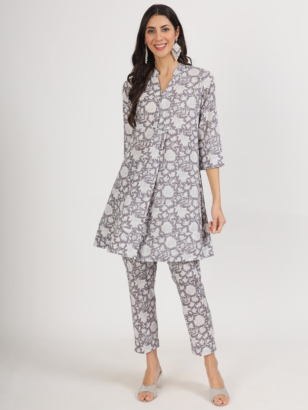 Women's Grey Floral Printed Cotton Co ord Set - Taantav