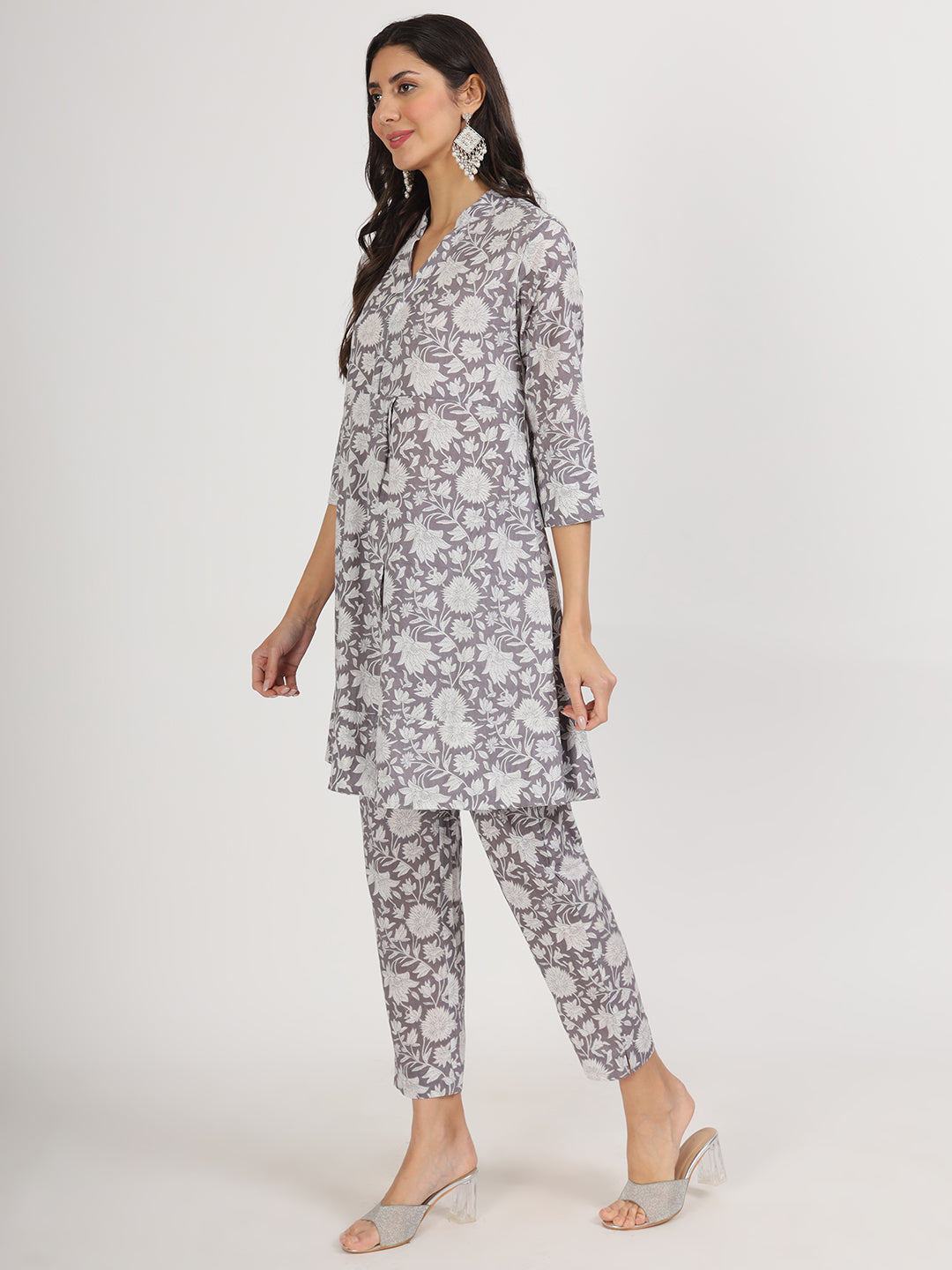 Women's Grey Floral Printed Cotton Co ord Set - Taantav