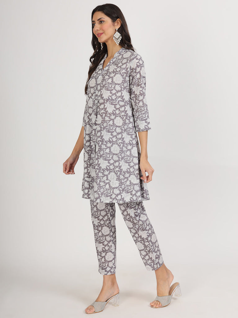 Women's Grey Floral Printed Cotton Co ord Set