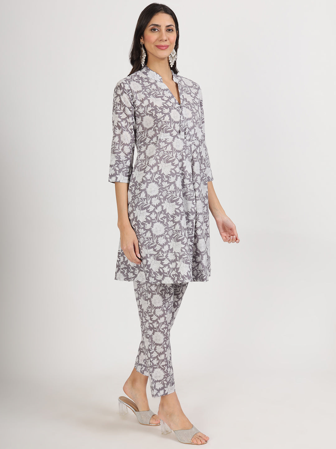 Women's Grey Floral Printed Cotton Co ord Set - Taantav