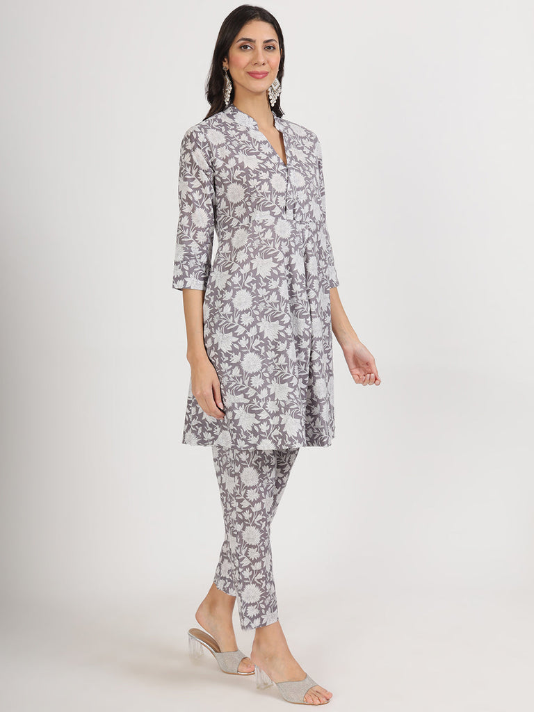 Women's Grey Floral Printed Cotton Co ord Set
