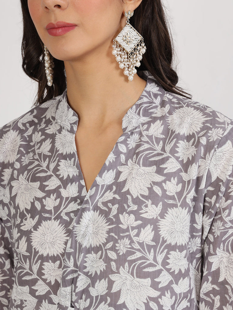 Women's Grey Floral Printed Cotton Co ord Set