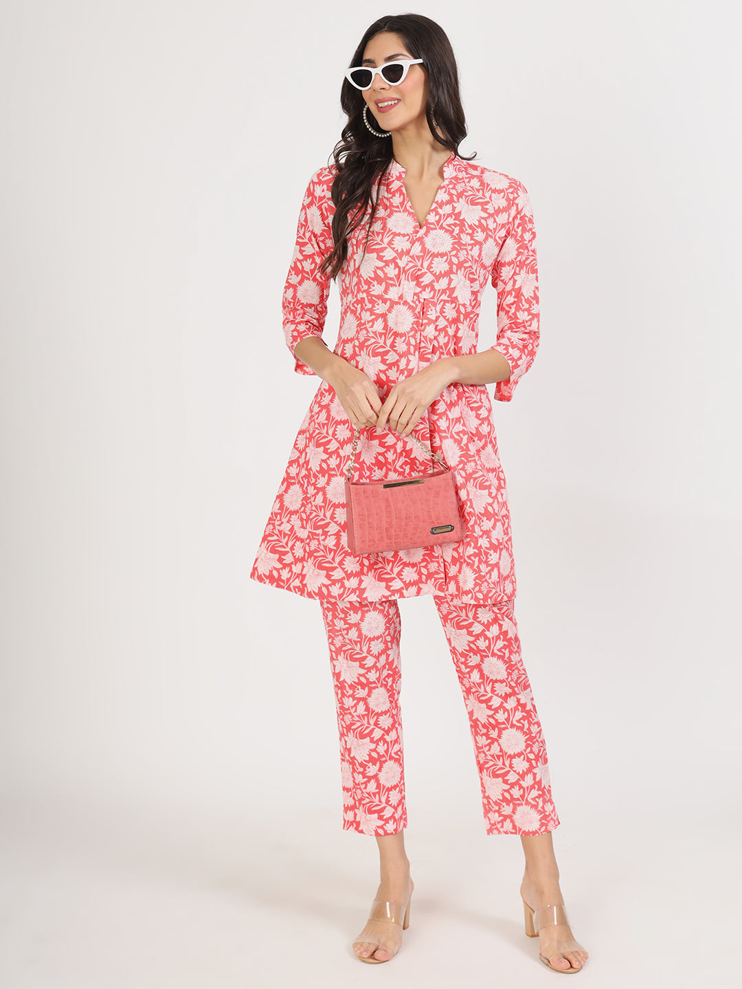 Women's Pink Floral Printed Cotton Co ord Set - Taantav