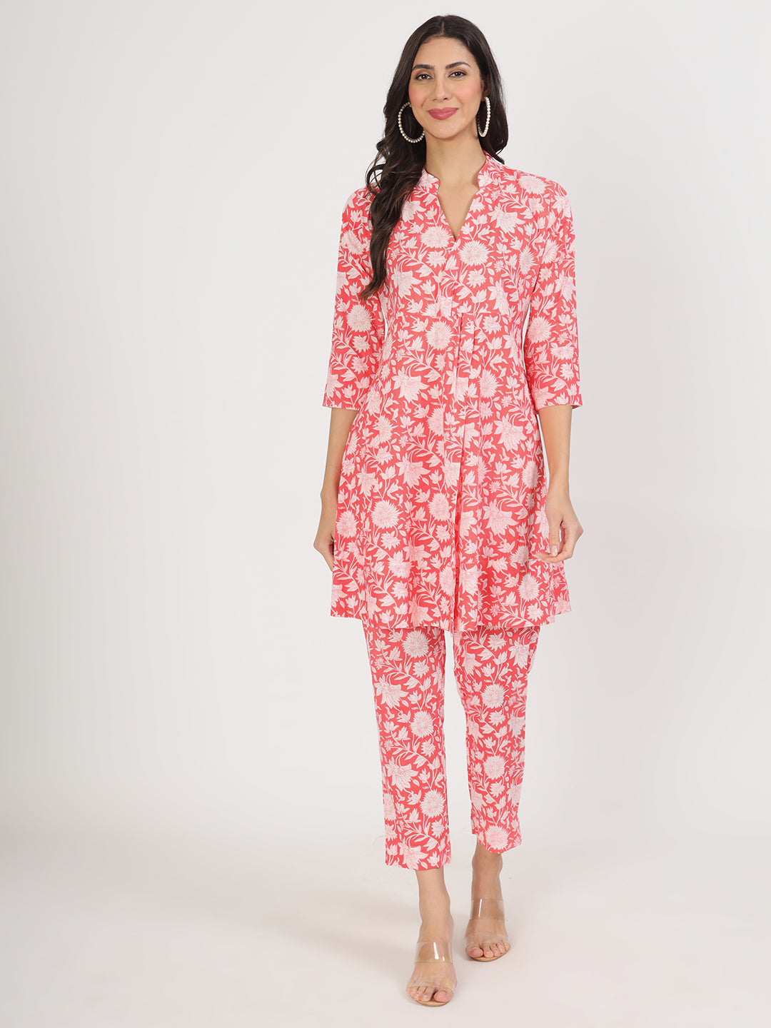 Women's Pink Floral Printed Cotton Co ord Set - Taantav