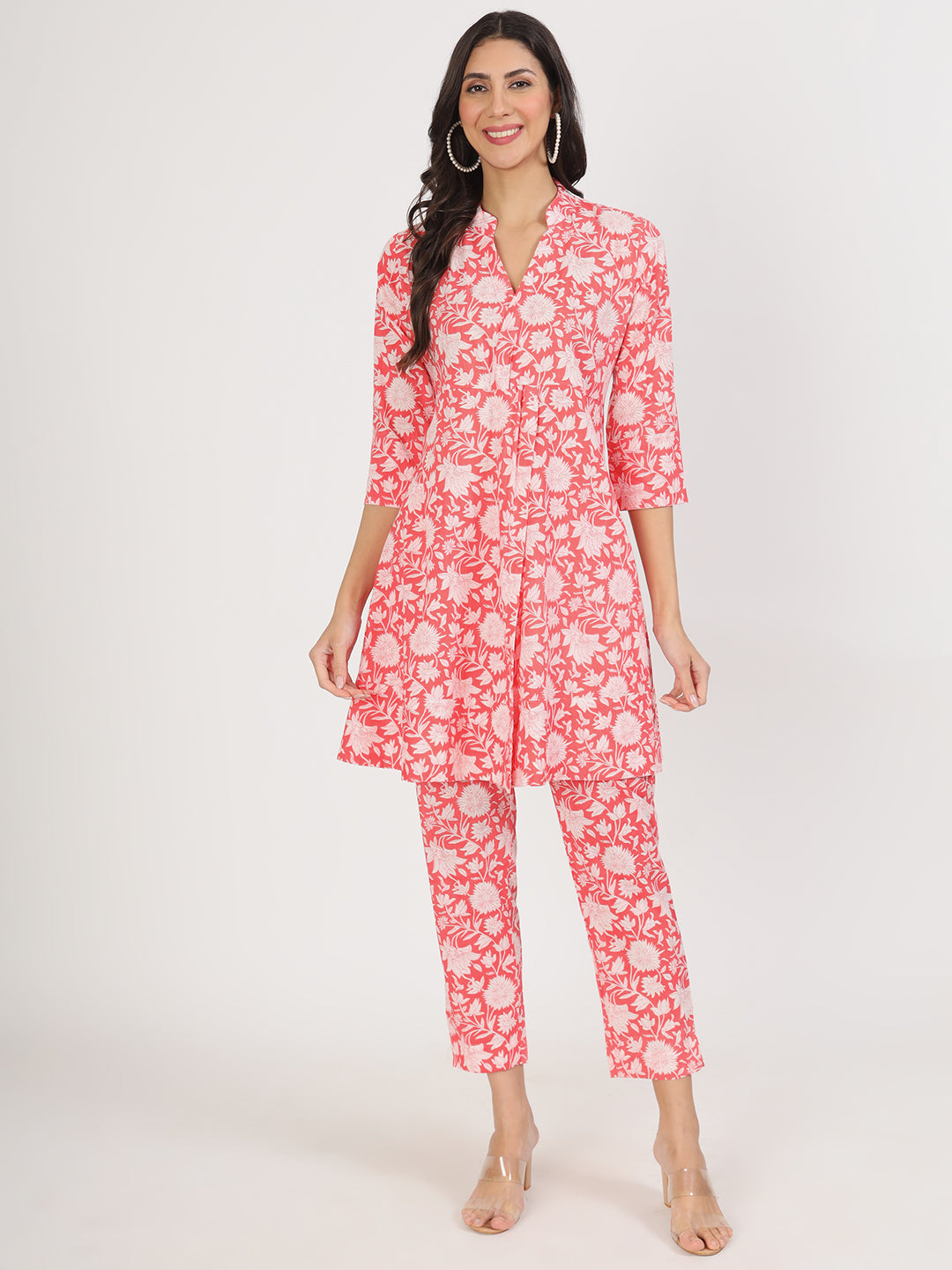 Women's Pink Floral Printed Cotton Co ord Set - Taantav