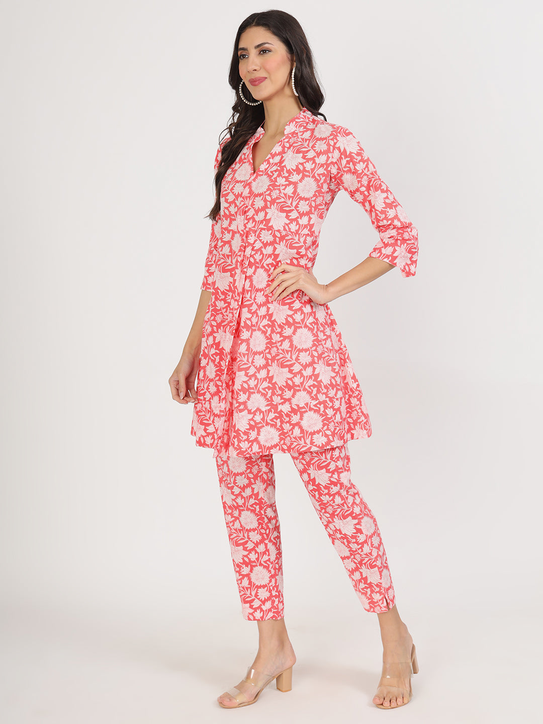 Women's Pink Floral Printed Cotton Co ord Set - Taantav