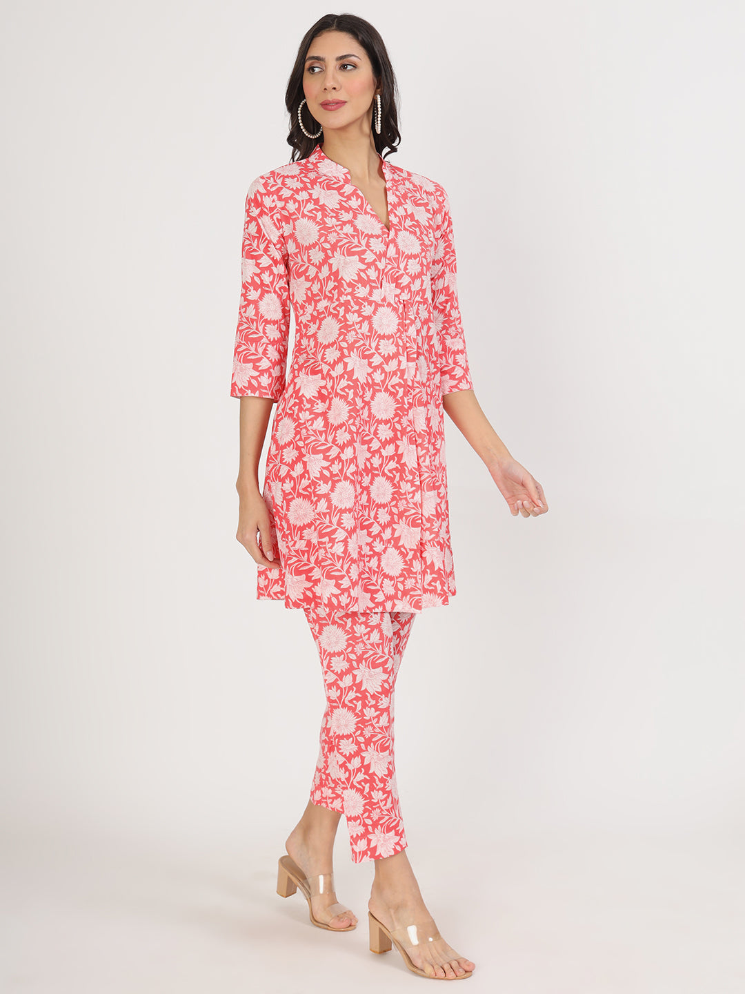 Women's Pink Floral Printed Cotton Co ord Set - Taantav