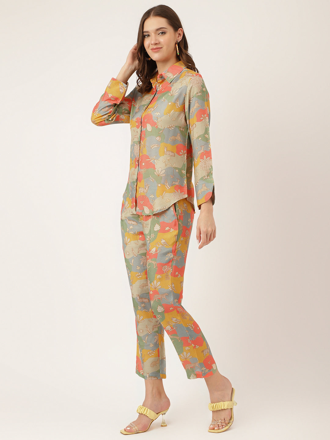 Women's Multi Colour Quirky Print Muslin Co ord Set - Taantav