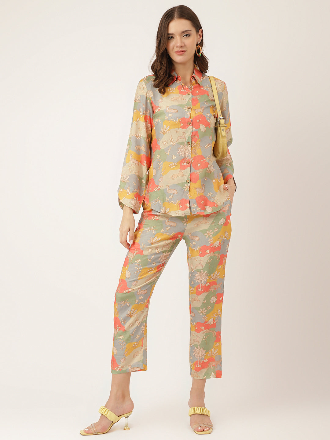 Women's Multi Colour Quirky Print Muslin Co ord Set - Taantav