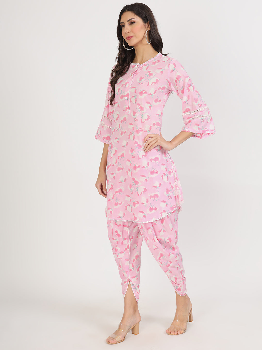 Women's Pink Floral Printed Cotton Co-Ord Set - Taantav