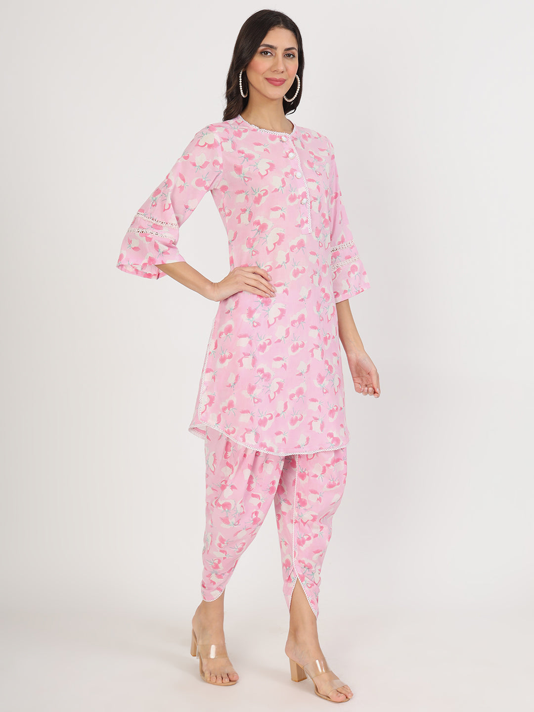 Women's Pink Floral Printed Cotton Co-Ord Set - Taantav