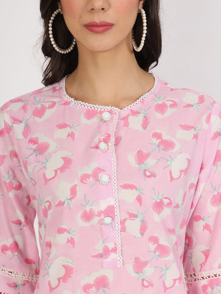 Women's Pink Floral Printed Cotton Co-Ord Set