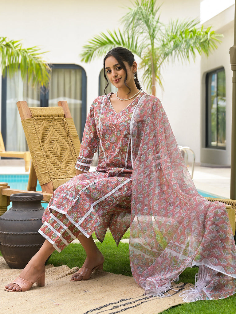 Women's Maroon Floral Print Cotton Hand block Kurta Set for Women