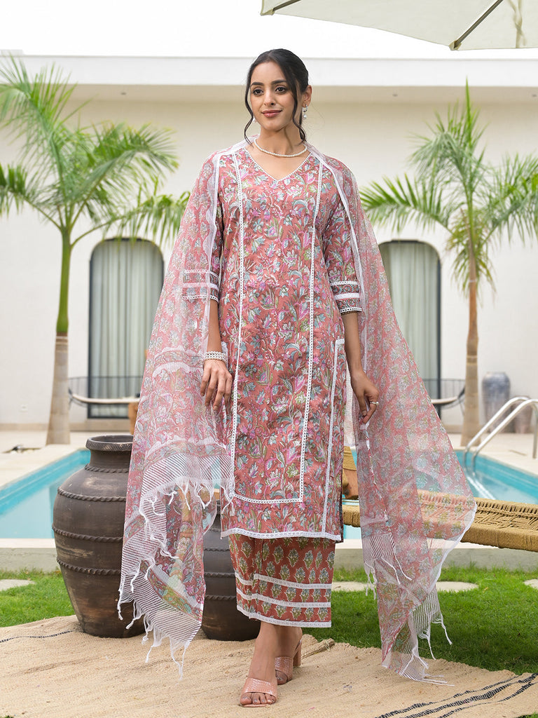Women's Maroon Floral Print Cotton Hand block Kurta Set for Women