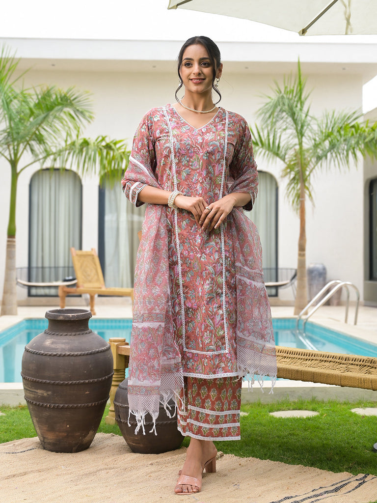 Women's Maroon Floral Print Cotton Hand block Kurta Set for Women
