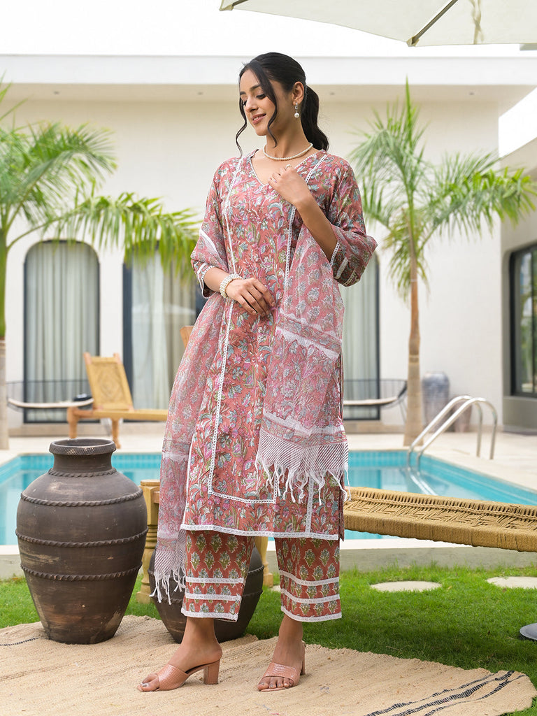 Women's Maroon Floral Print Cotton Hand block Kurta Set for Women