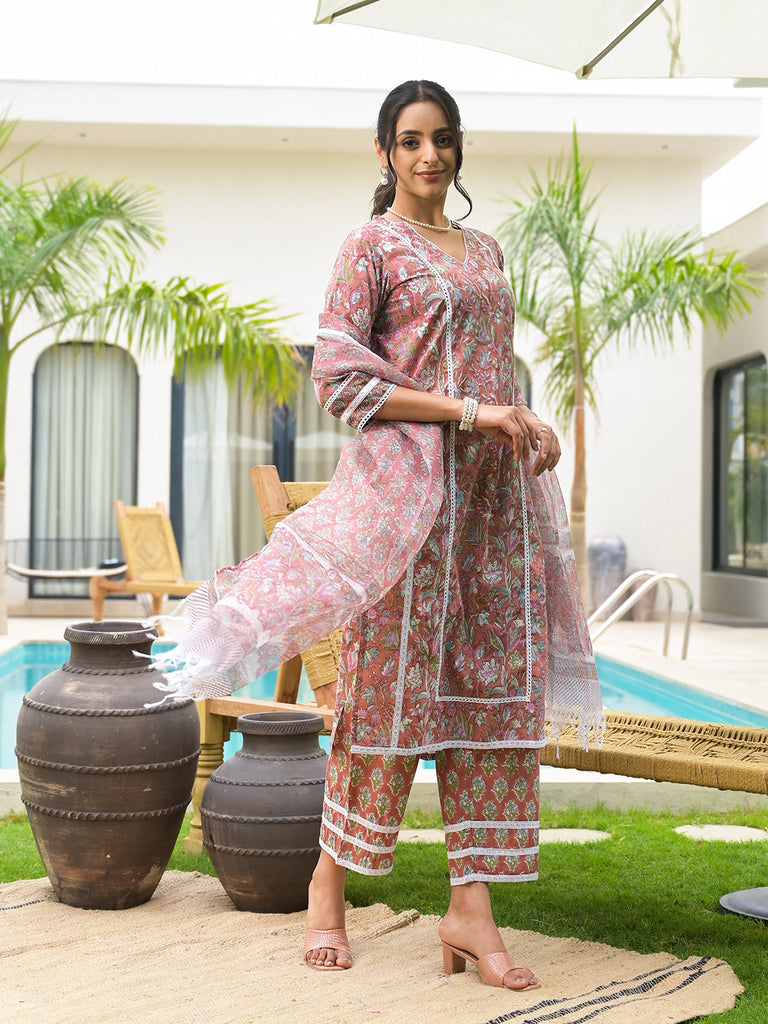 Women's Maroon Floral Print Cotton Hand block Kurta Set for Women