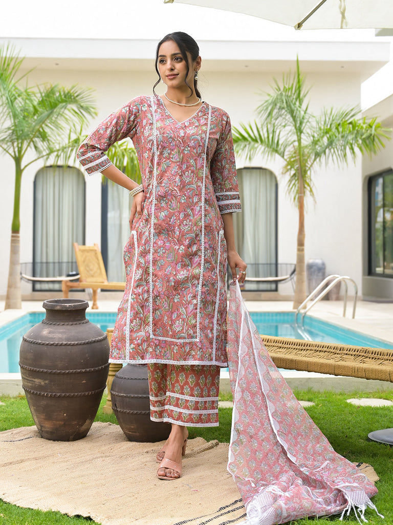 Women's Maroon Floral Print Cotton Hand block Kurta Set for Women