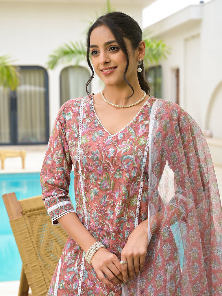 Women's Maroon Floral Print Cotton Hand block Kurta Set for Women