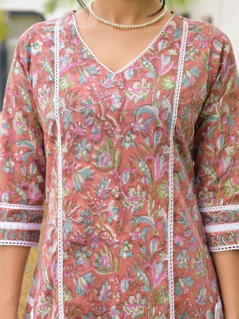 Women's Maroon Floral Print Cotton Hand block Kurta Set for Women