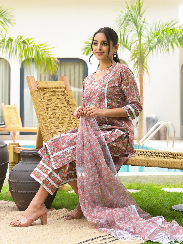 Women's Maroon Floral Print Cotton Hand block Kurta Set for Women