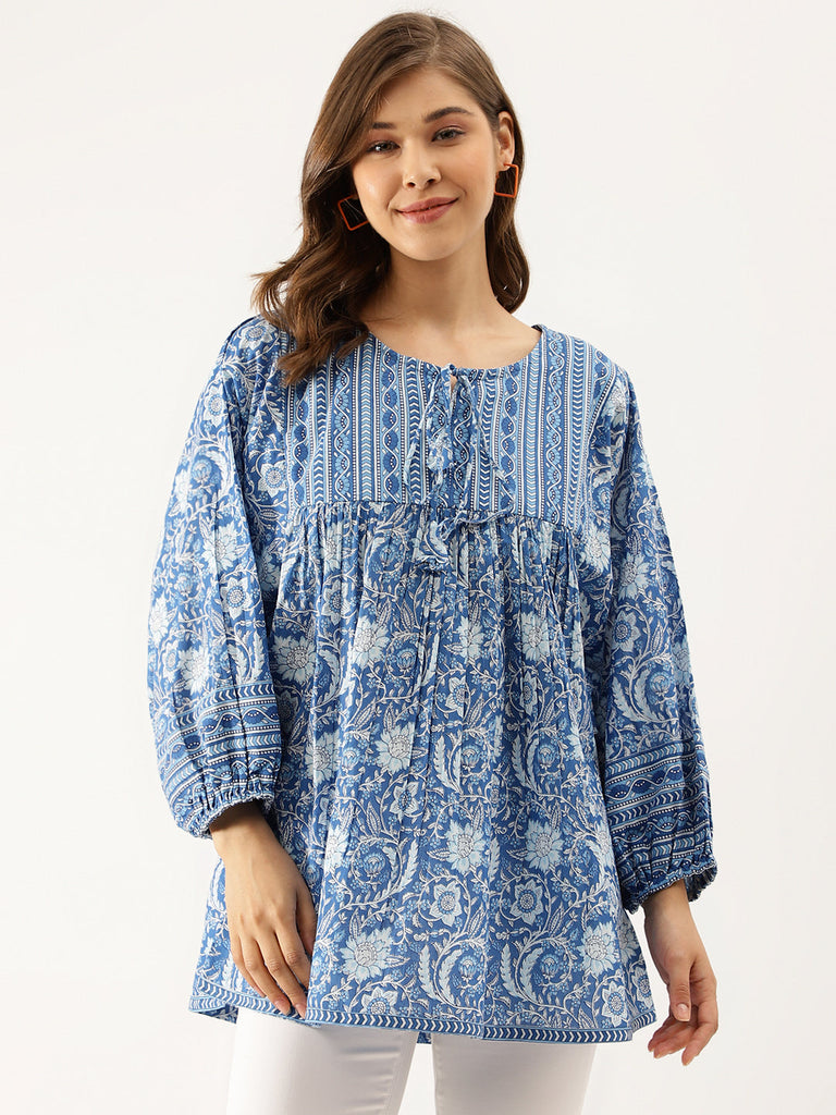 Women's Blue Printed Cotton Peplum top