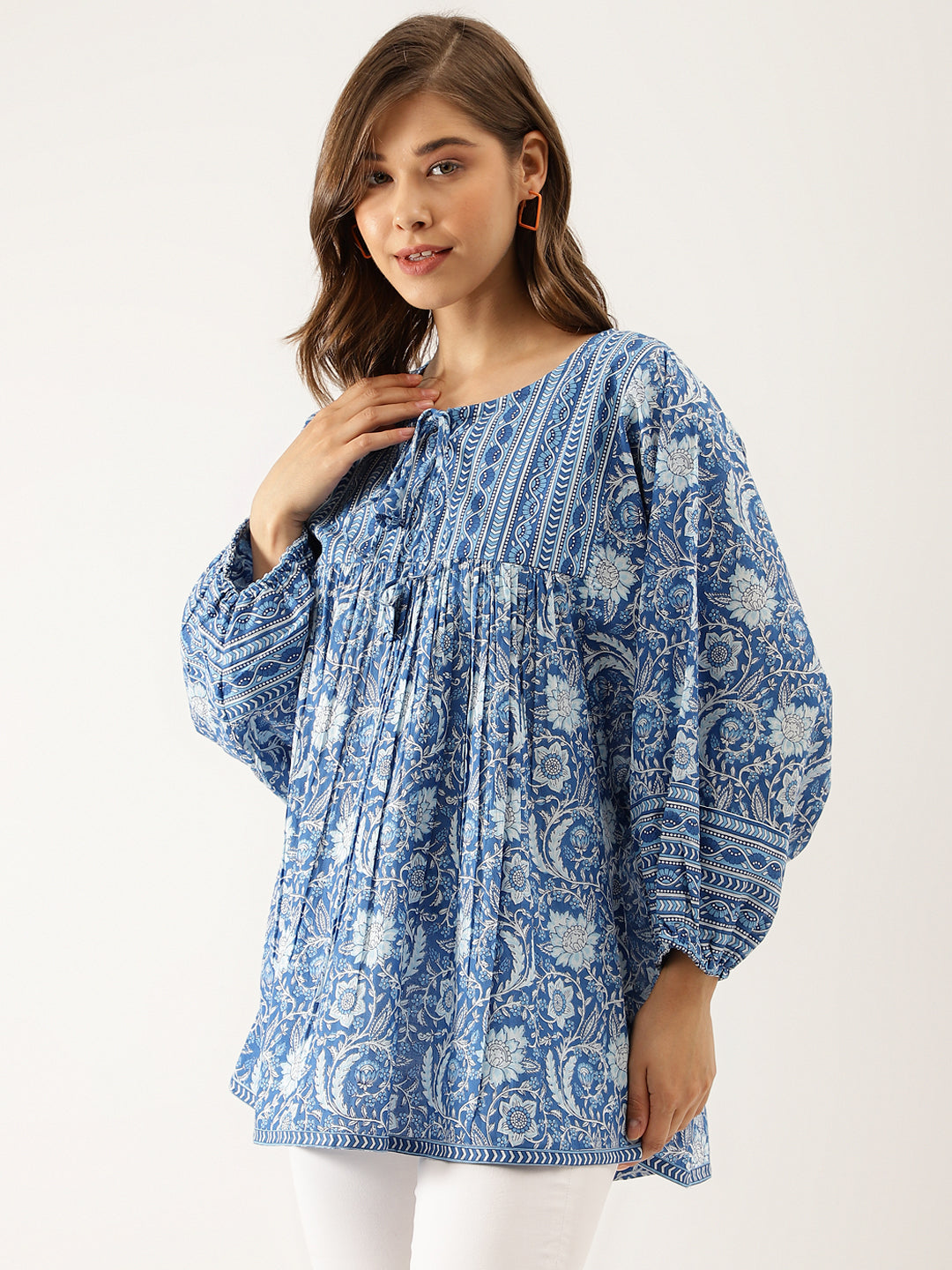 Women's Blue Printed Cotton Peplum top - Taantav