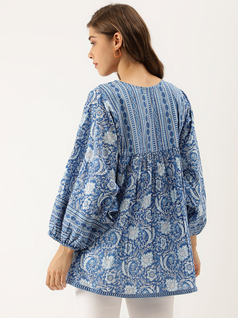 Women's Blue Printed Cotton Peplum top