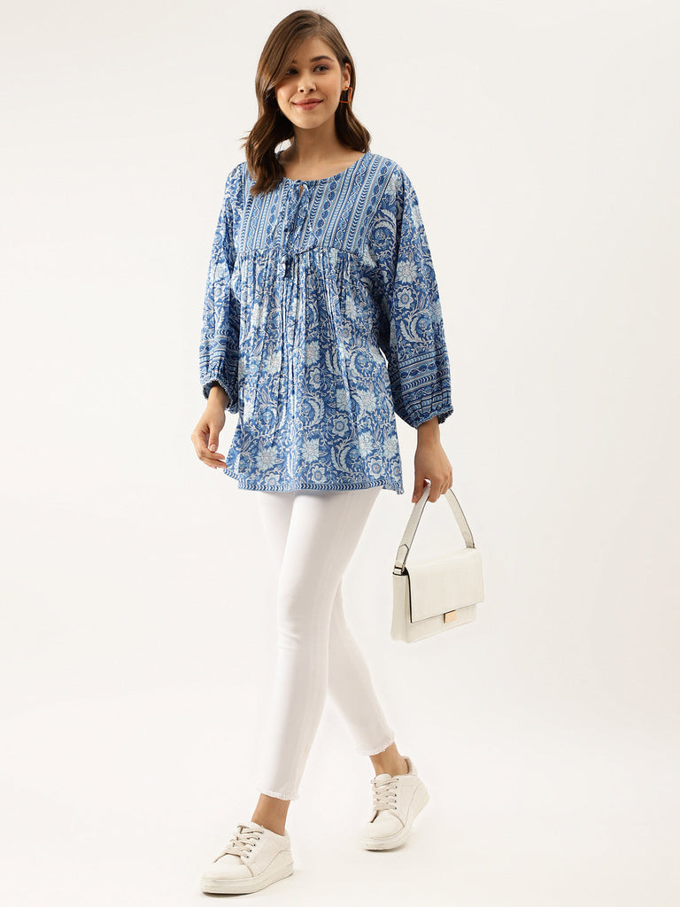 Women's Blue Printed Cotton Peplum top