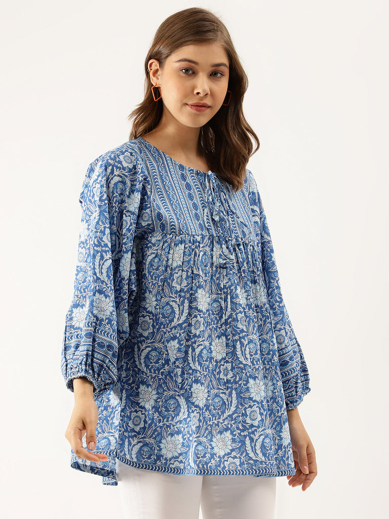 Women's Blue Printed Cotton Peplum top