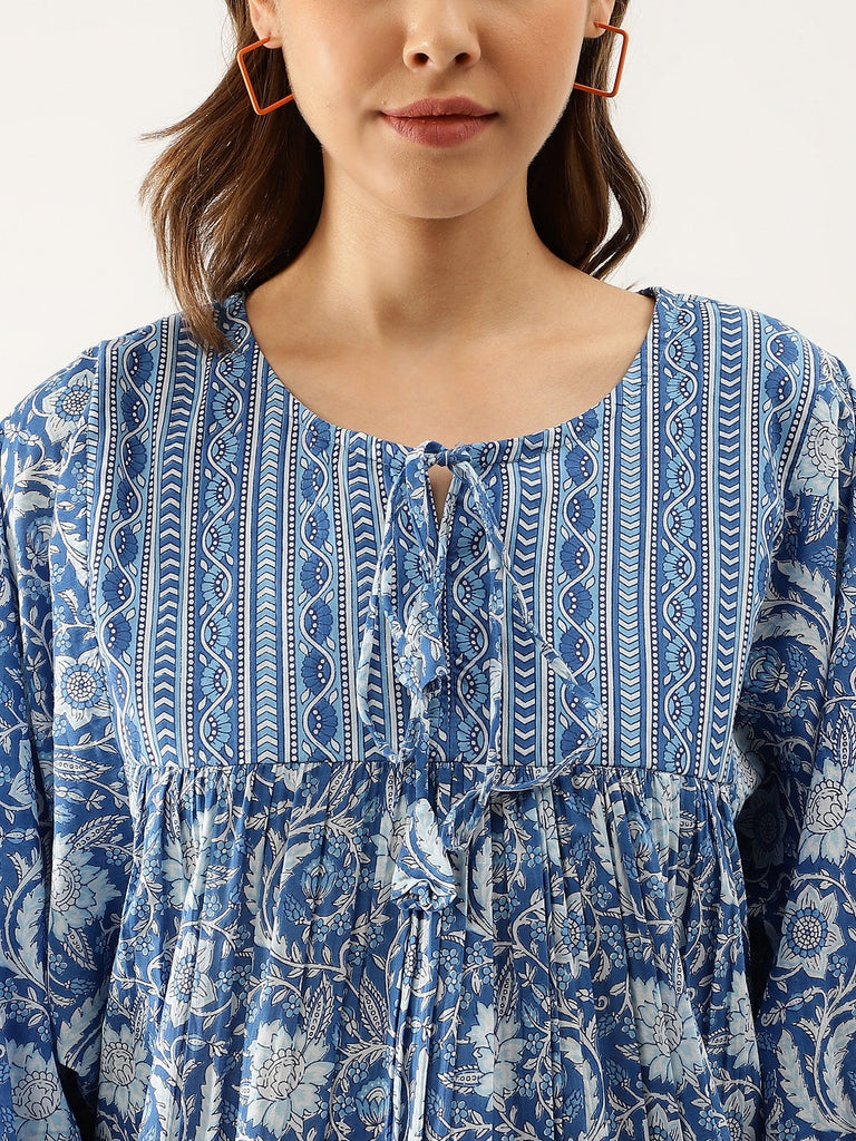 Women's Blue Printed Cotton Peplum top