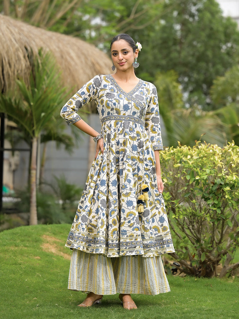 Women's off White Floral Print Cotton Kurta Sharara set for women