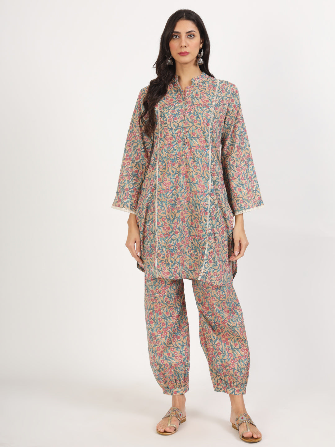 Women's Beige Floral Printed Cotton Co-ord Set - Taantav