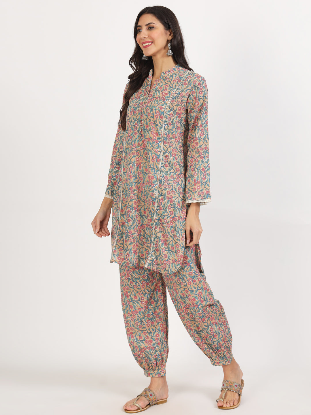 Women's Beige Floral Printed Cotton Co-ord Set - Taantav