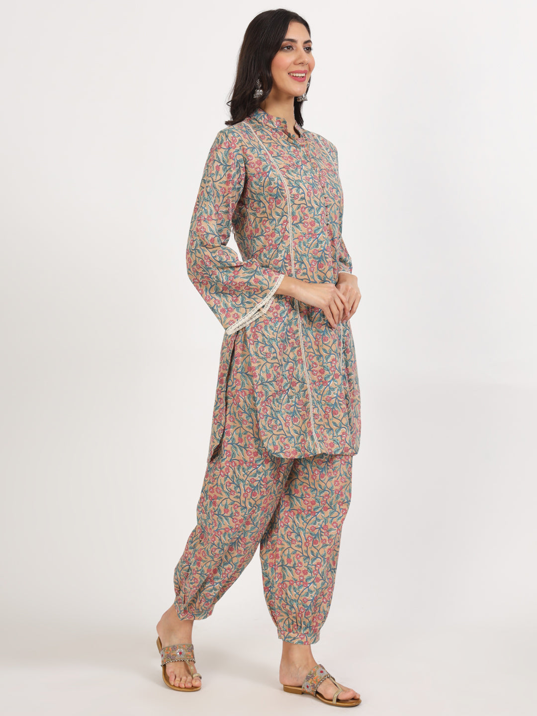 Women's Beige Floral Printed Cotton Co-ord Set - Taantav