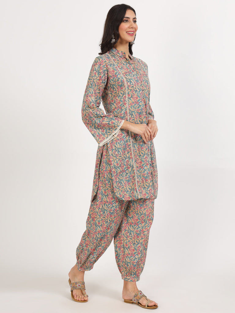 Women's Beige Floral Printed Cotton Co-ord Set