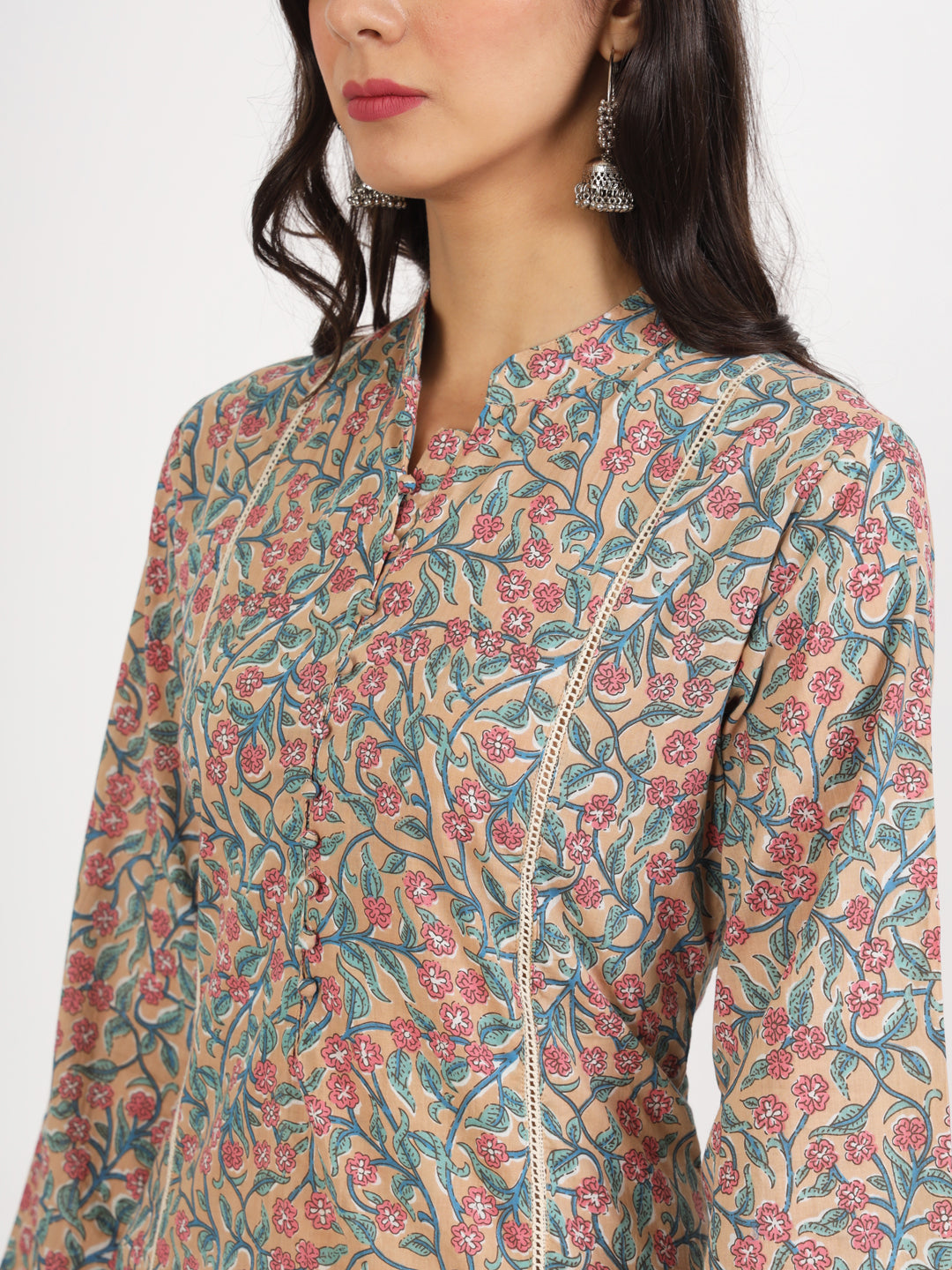 Women's Beige Floral Printed Cotton Co-ord Set - Taantav