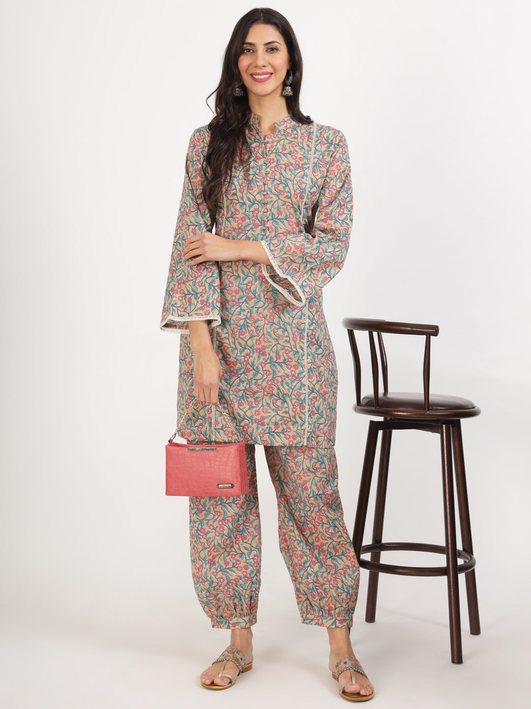 Women's Beige Floral Printed Cotton Co-ord Set - Taantav