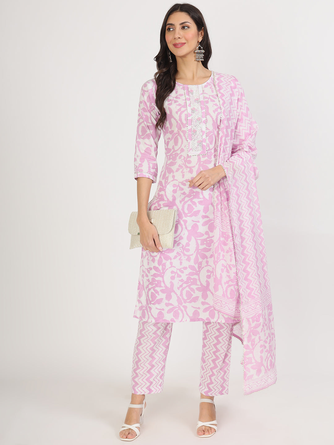 Women's Purple Floral Print Cotton Kurta pant with Dupatta set for women - Taantav