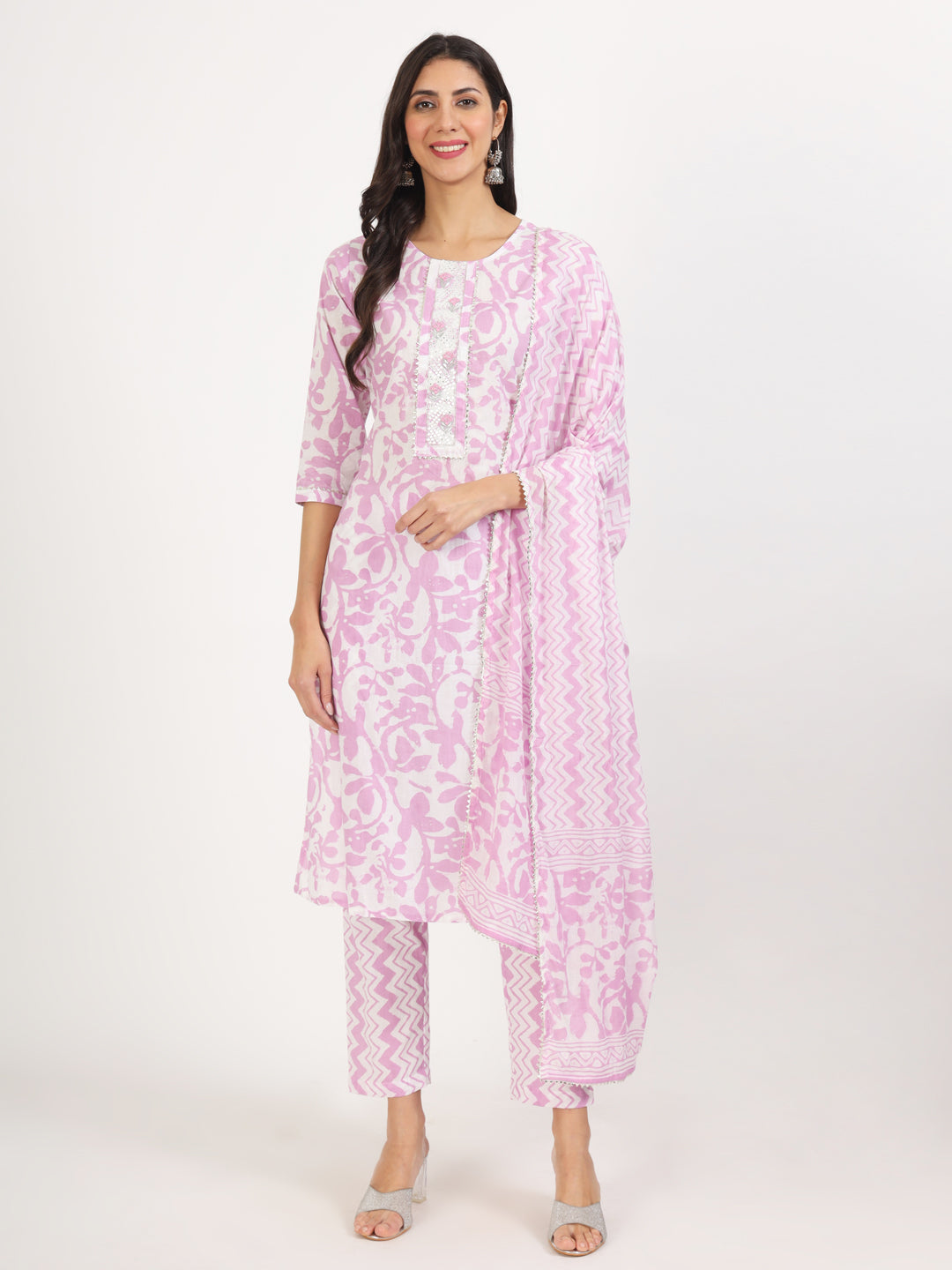 Women's Purple Floral Print Cotton Kurta pant with Dupatta set for women - Taantav