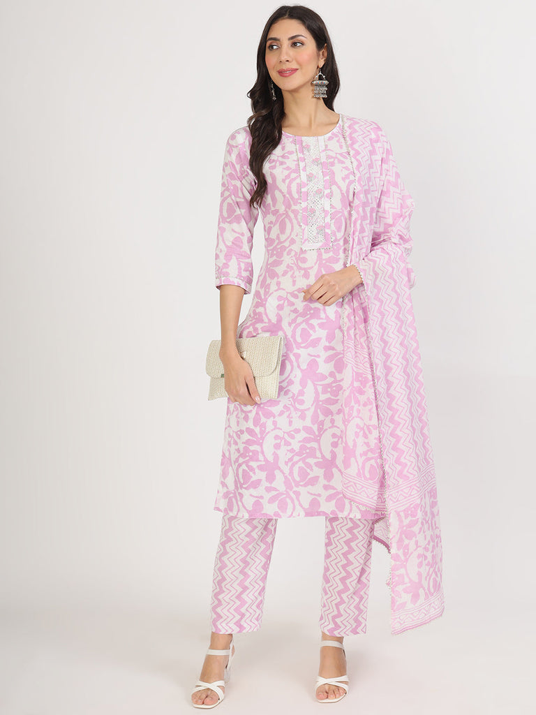 Women's Purple Floral Print Cotton Kurta pant with Dupatta set for women