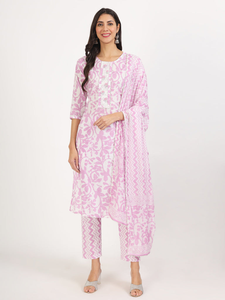Women's Purple Floral Print Cotton Kurta pant with Dupatta set for women