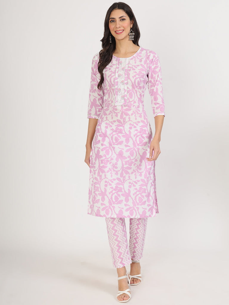 Women's Purple Floral Print Cotton Kurta pant with Dupatta set for women