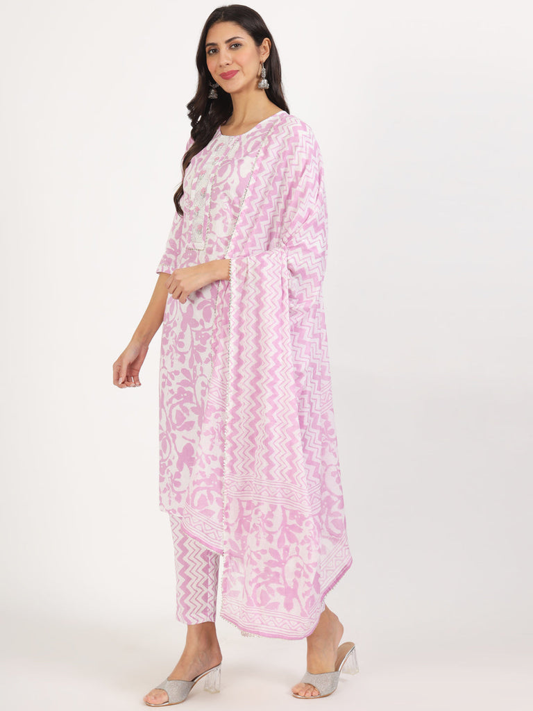 Women's Purple Floral Print Cotton Kurta pant with Dupatta set for women