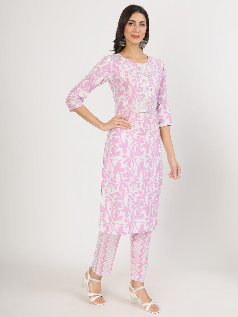 Women's Purple Floral Print Cotton Kurta pant with Dupatta set for women